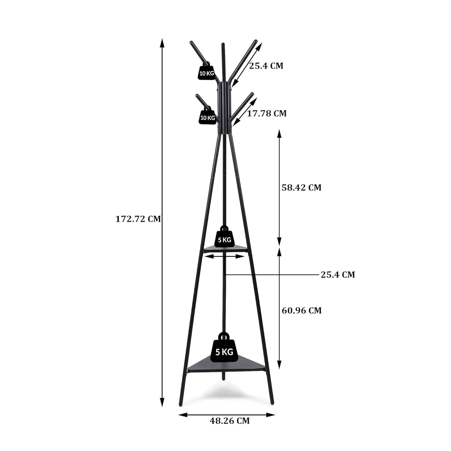 KriShyam® Coat Rack - Freestanding Coat Stand, Coat Hanger Stand, Hall Tree with 6 Hooks and 2-Tier Shelves for Jacket, Clothes, Hat, Bag, Scarf, Umbrella