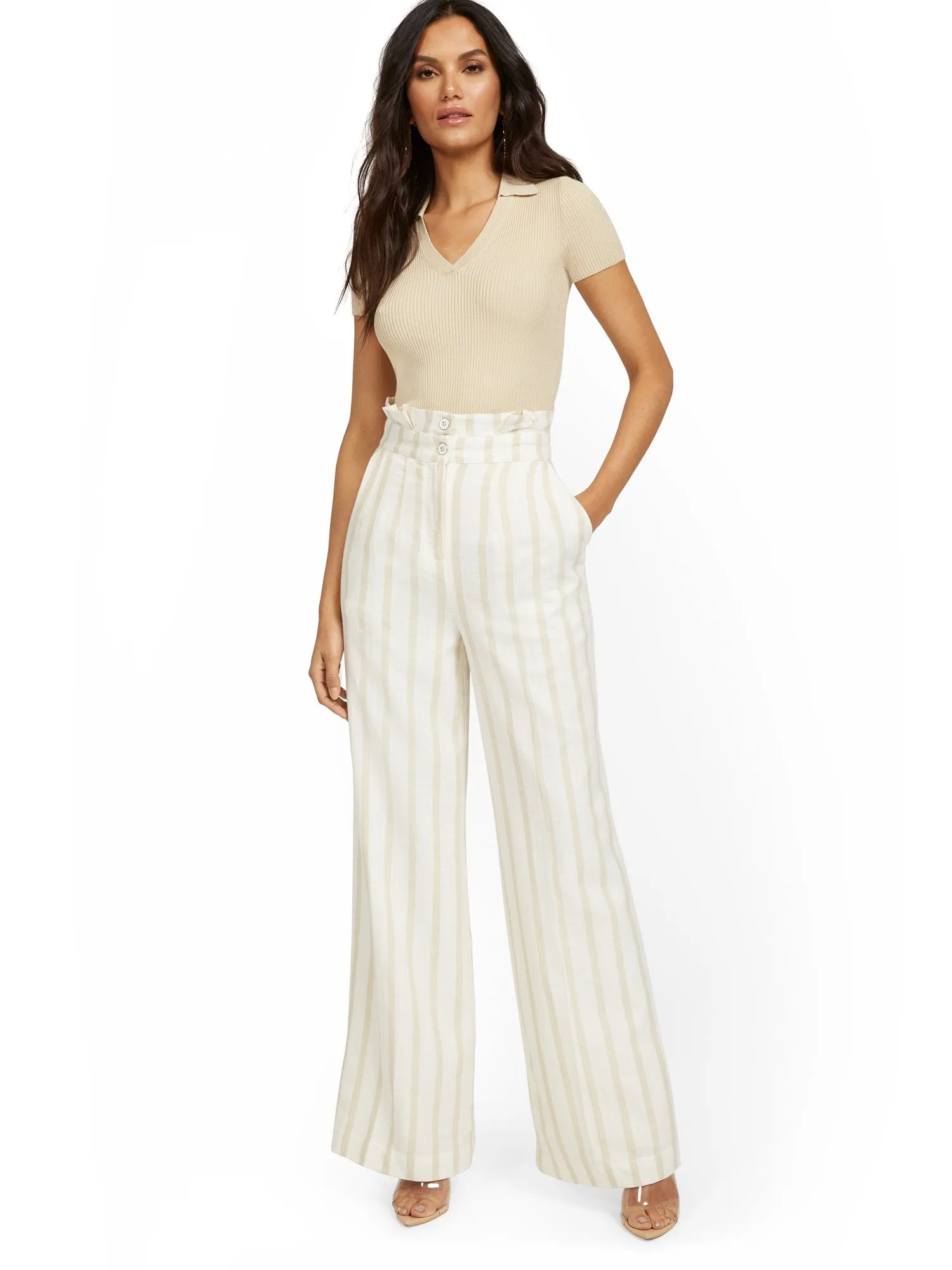 Linen-Blend Stripe Paperbag Wide-Leg Pant