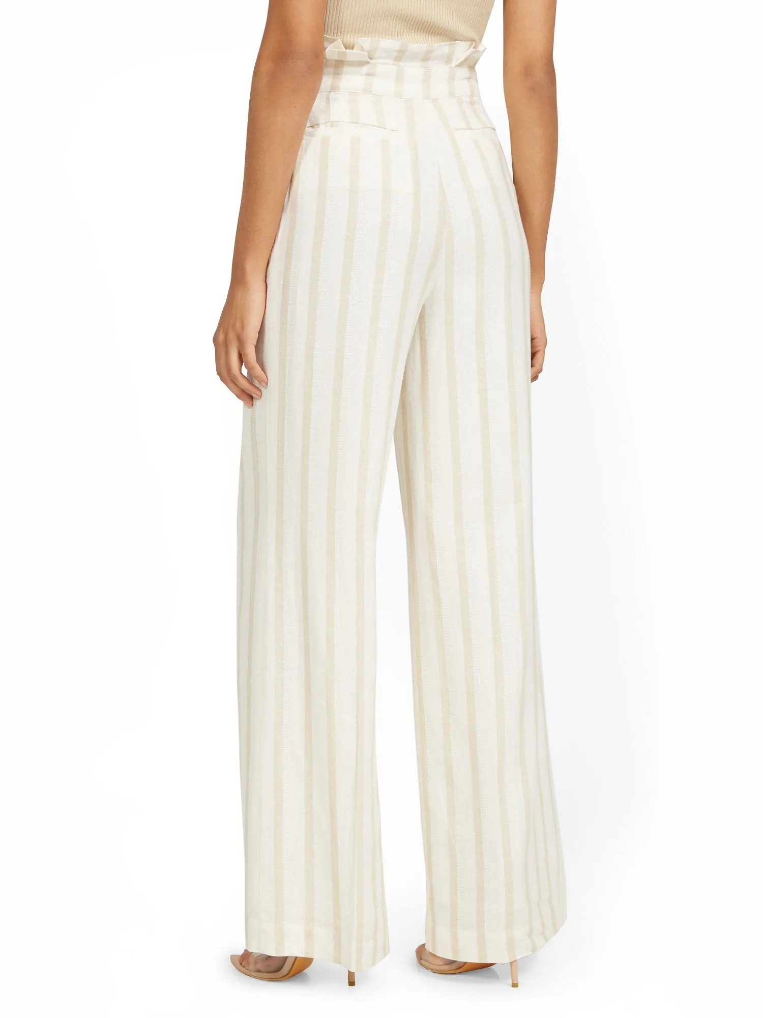 Linen-Blend Stripe Paperbag Wide-Leg Pant