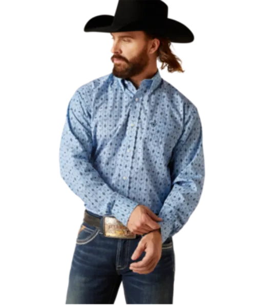 Men's Ariat 10047204 Kyson Blue Western Print Wrinkle Free Classic Fit Long Sleeve Shirt