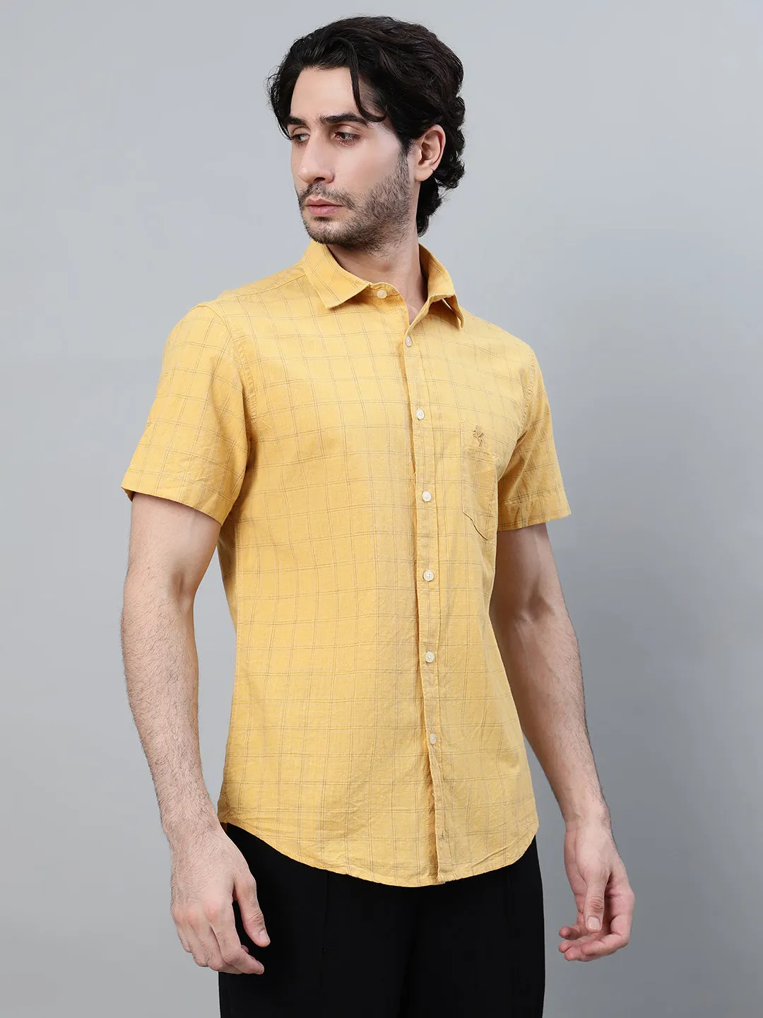 Men's Mustard Checkered Half Sleeve Casual Shirt