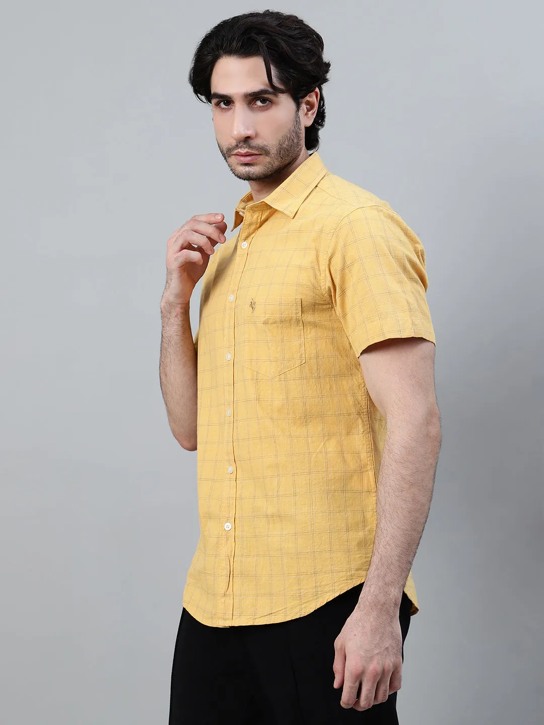 Men's Mustard Checkered Half Sleeve Casual Shirt