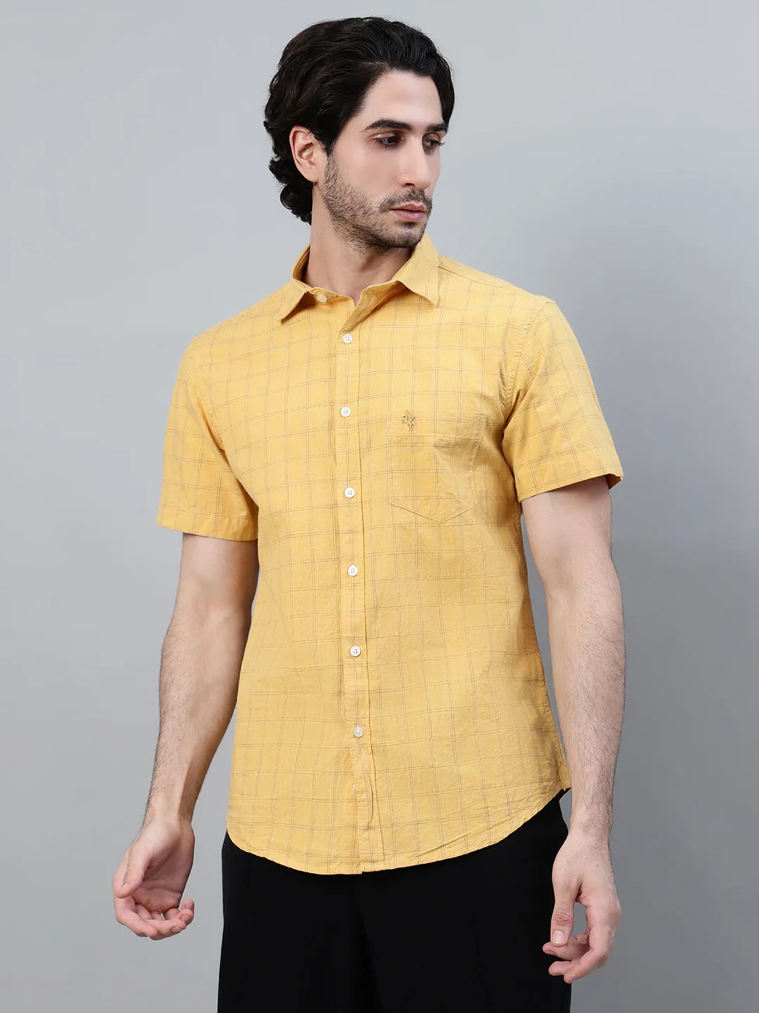 Men's Mustard Checkered Half Sleeve Casual Shirt