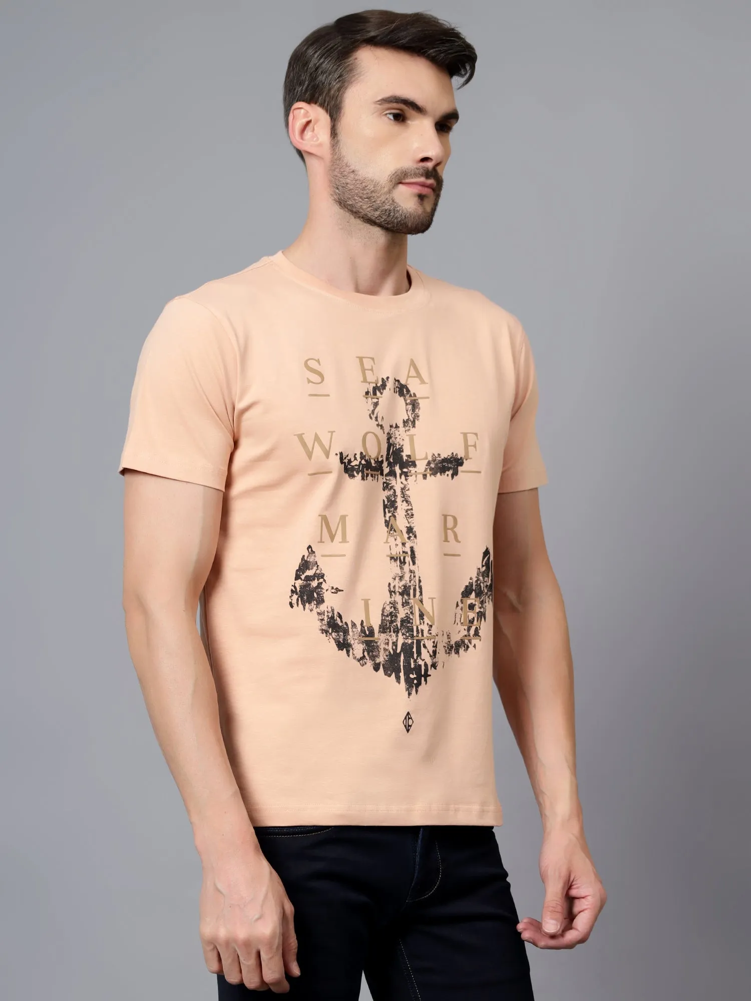 Men's Peach Printed Round Neck Half Sleeve T-shirt