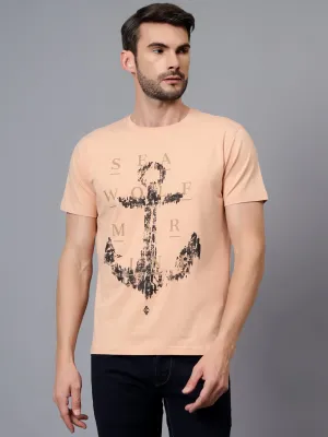 Men's Peach Printed Round Neck Half Sleeve T-shirt