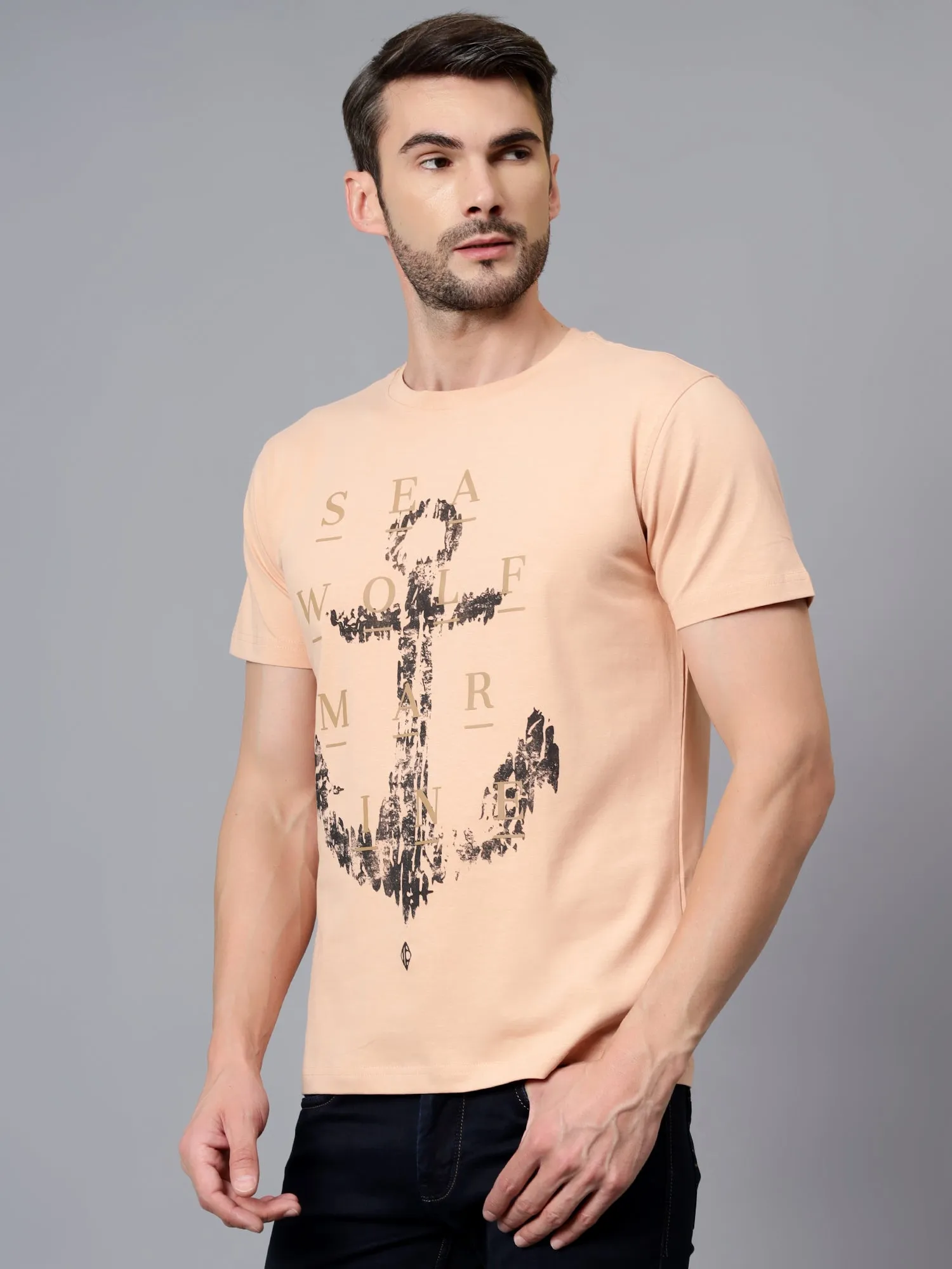 Men's Peach Printed Round Neck Half Sleeve T-shirt