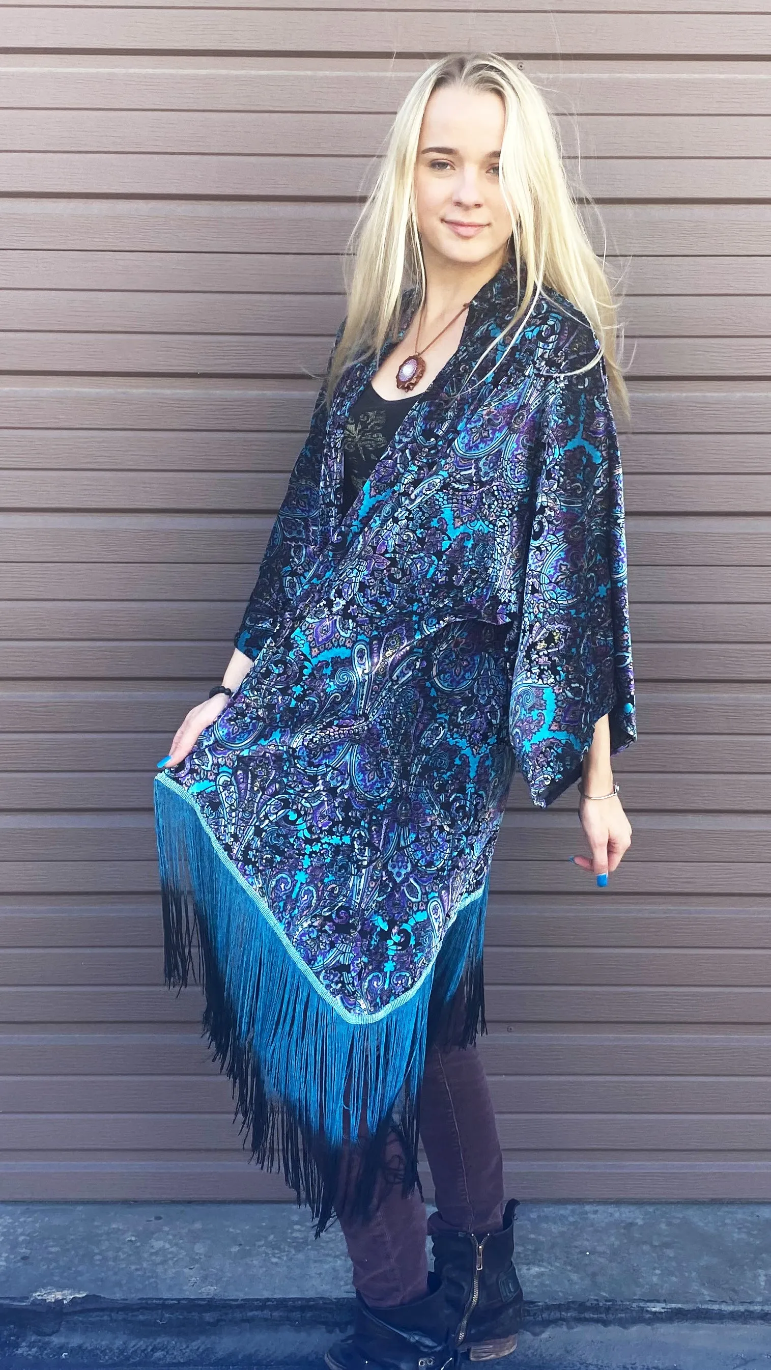 Purple Paisley Burnout Velvet Kimono with Teal/Black Ombre Fringe