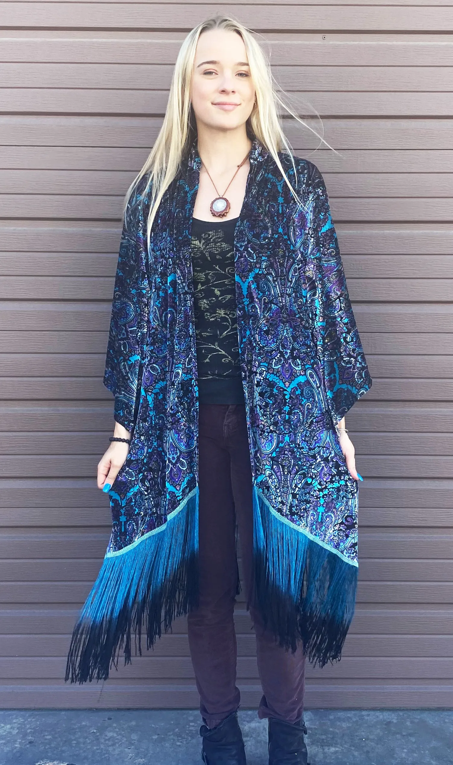 Purple Paisley Burnout Velvet Kimono with Teal/Black Ombre Fringe