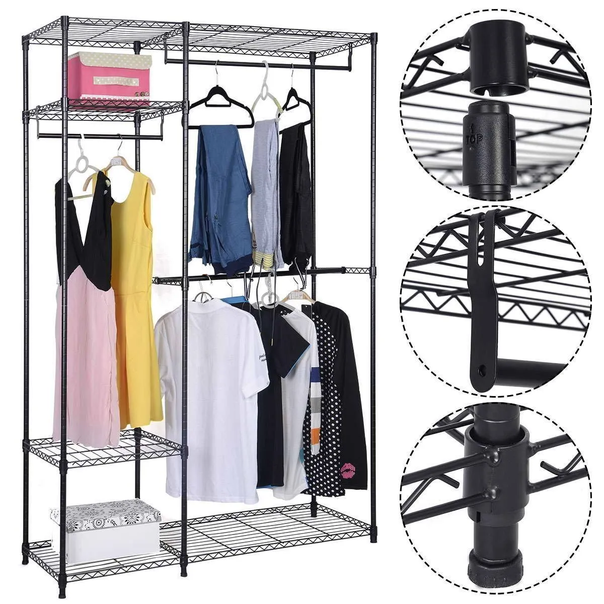 S AFSTAR Safstar Heavy Duty Clothing Garment Rack Wire Shelving Closet Clothes Stand Rack Double Rod Wardrobe Metal Storage Rack Freestanding Cloth Armoire Organizer (2 Packs)