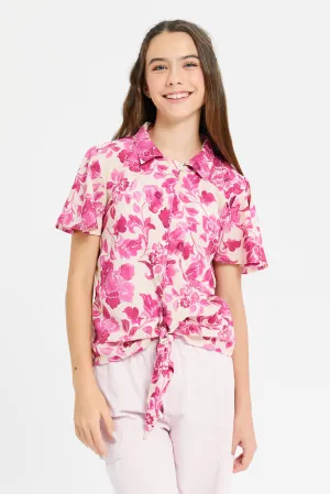 Senior Girls Fuchsia Printed Front Tie Blouse