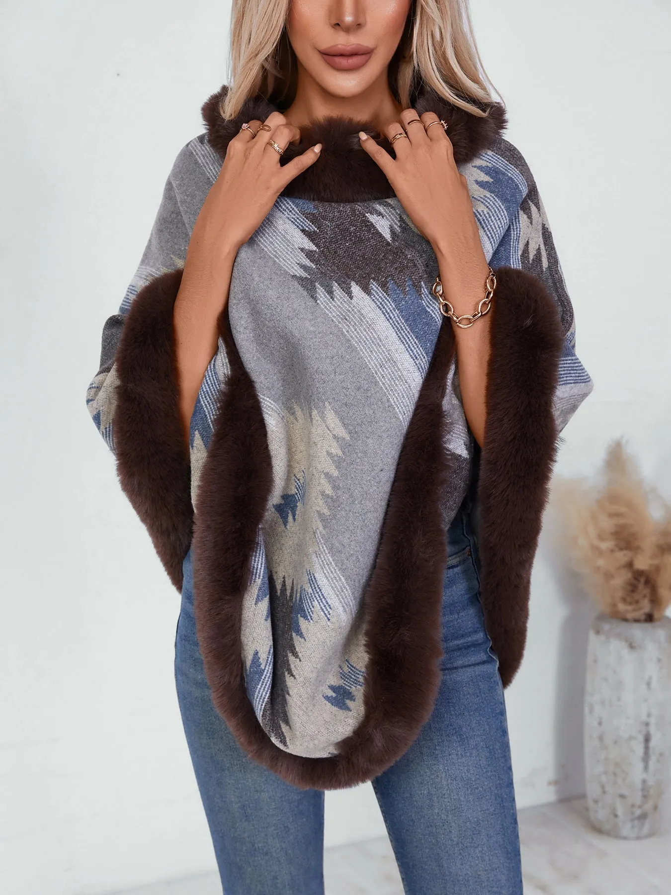 Serena Faux Fur-Trimmed Aztec Poncho