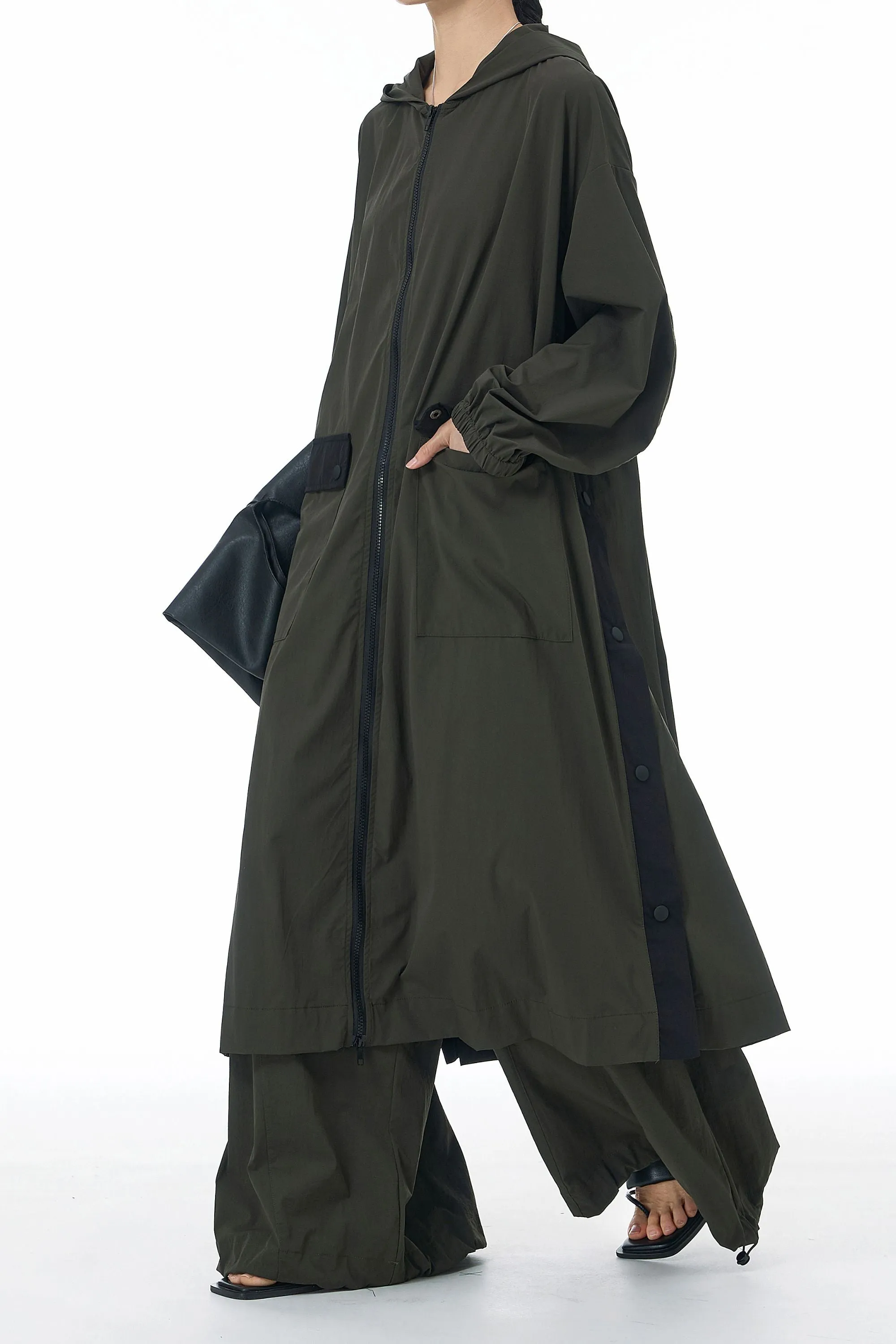 SnapHood Green Zippered Trench Coat