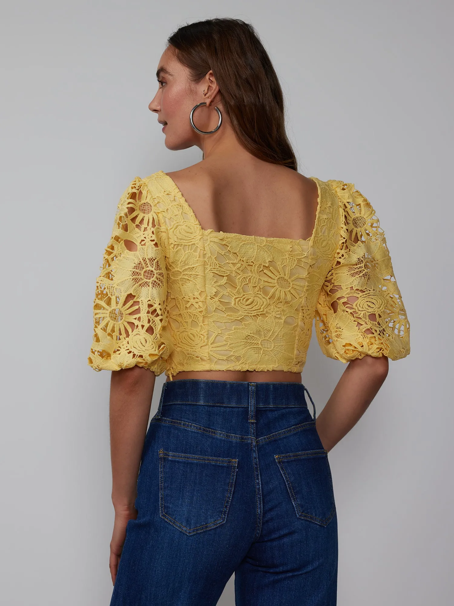 Square Neck Lace Puff Sleeve Top