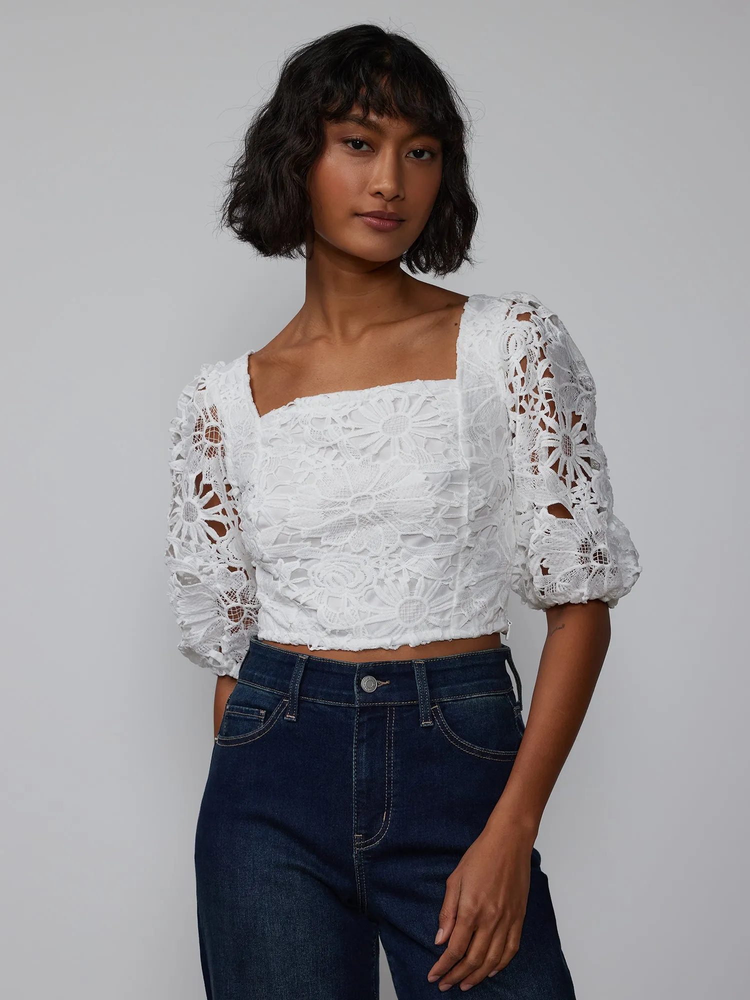 Square Neck Lace Puff Sleeve Top