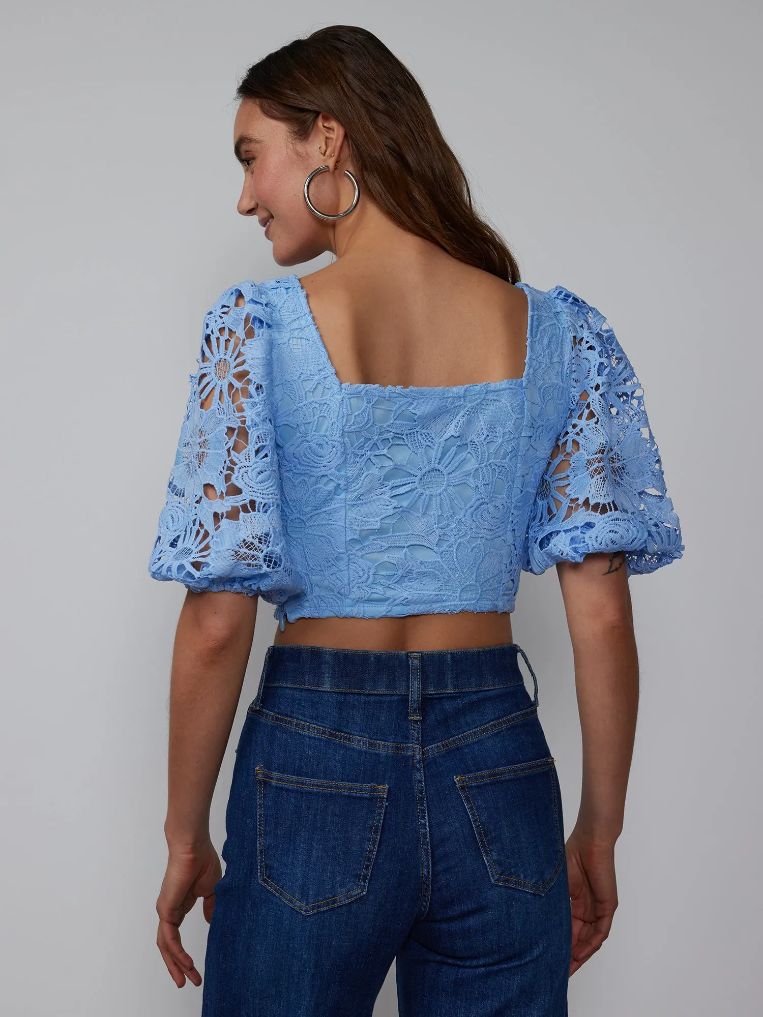 Square Neck Lace Puff Sleeve Top