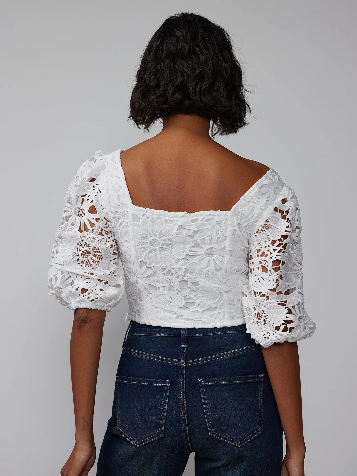 Square Neck Lace Puff Sleeve Top