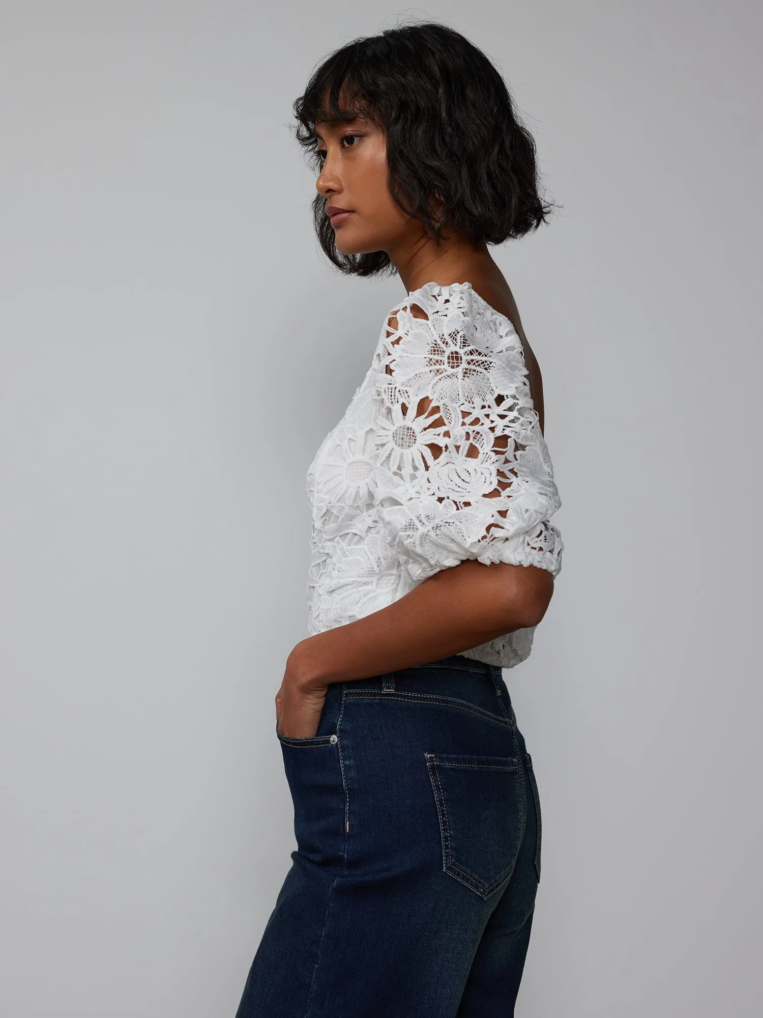 Square Neck Lace Puff Sleeve Top