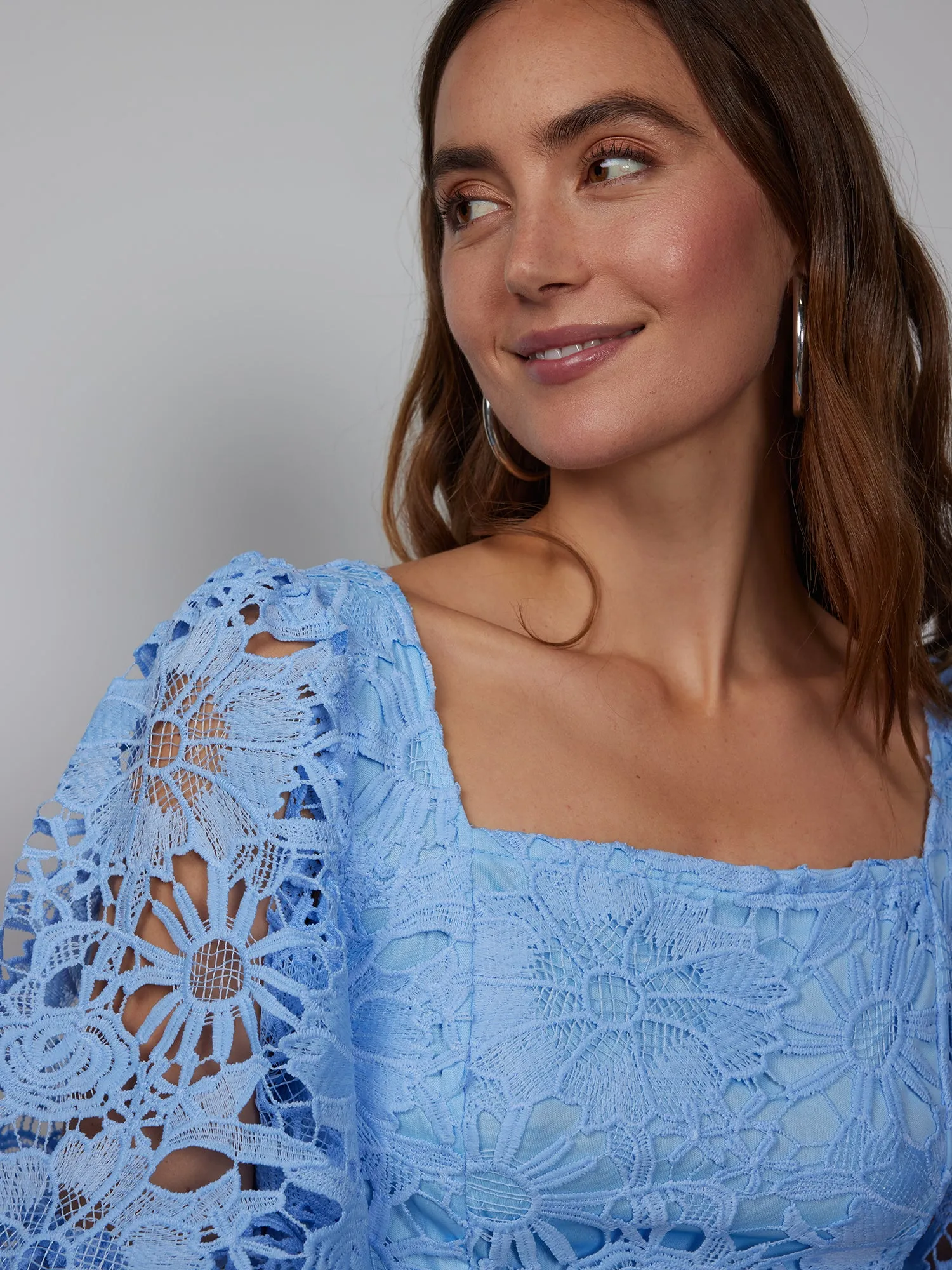 Square Neck Lace Puff Sleeve Top