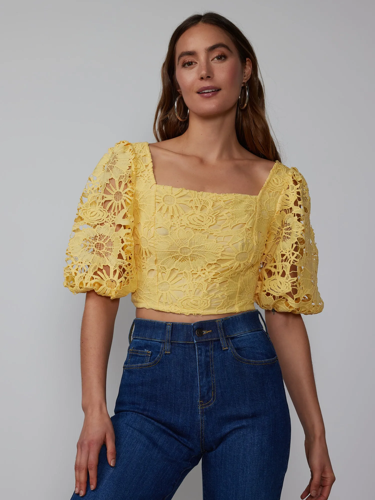 Square Neck Lace Puff Sleeve Top