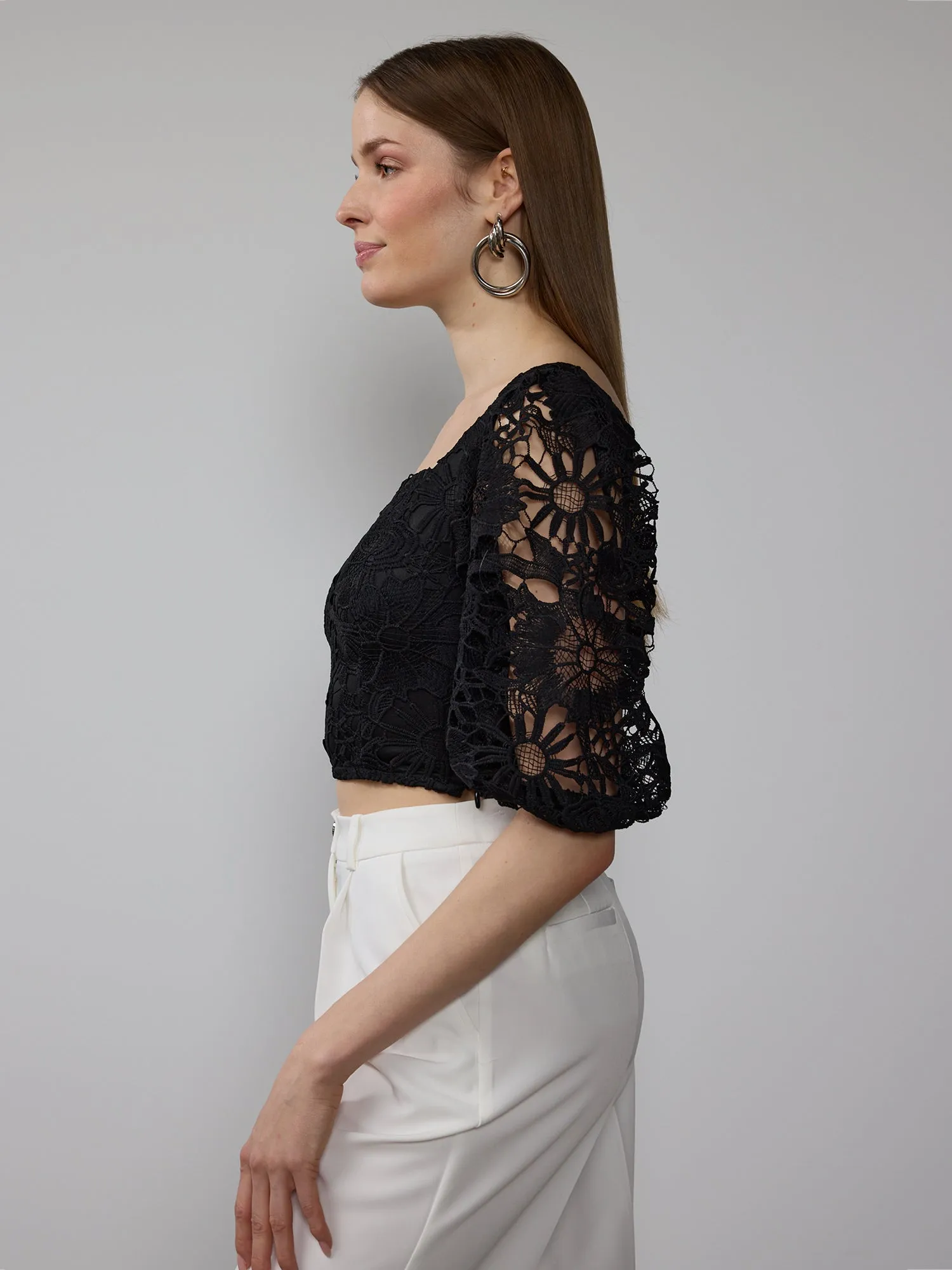 Square Neck Lace Puff Sleeve Top