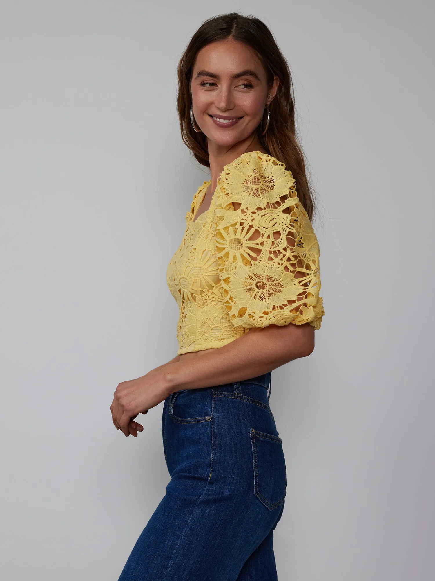 Square Neck Lace Puff Sleeve Top