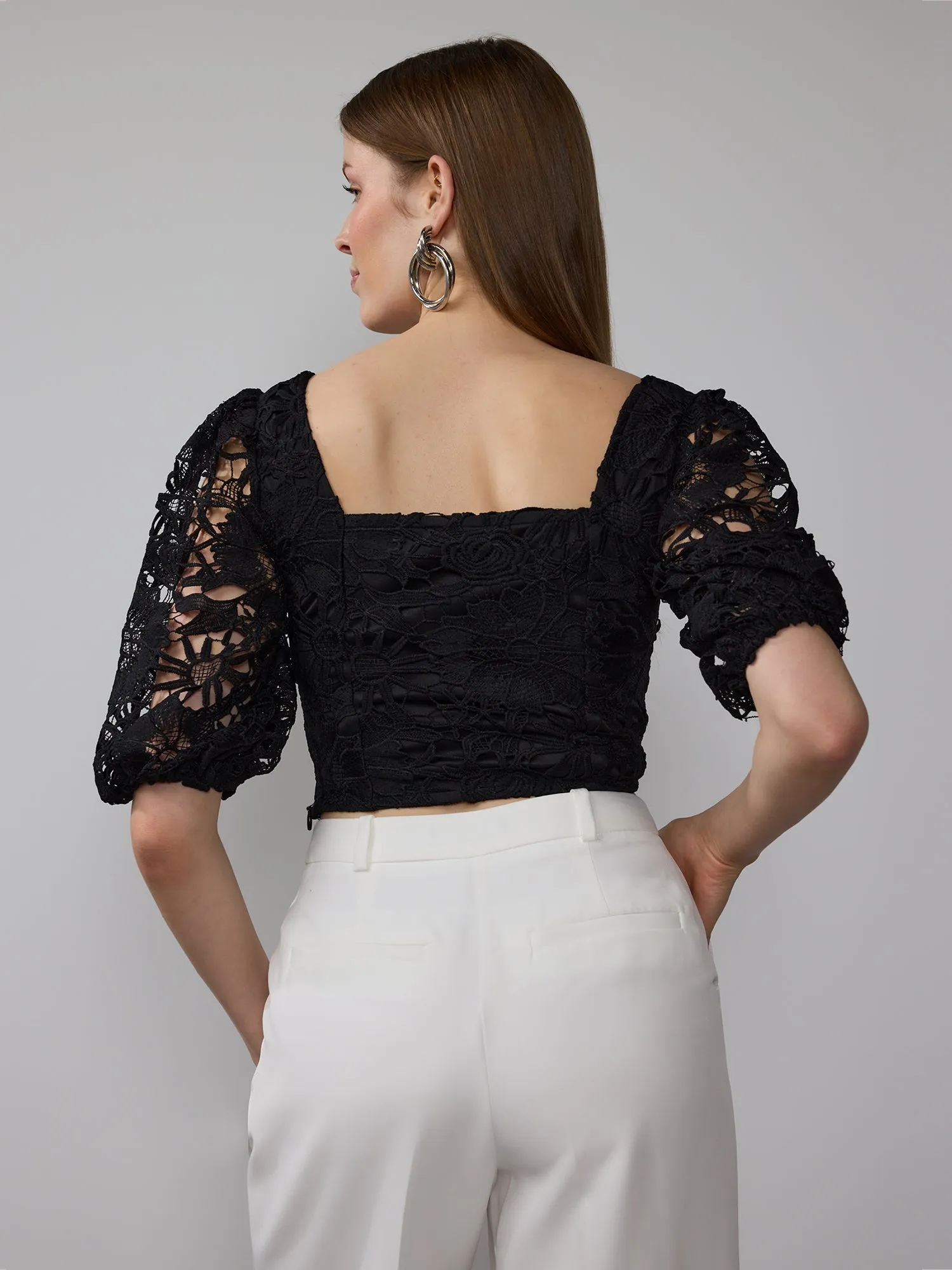 Square Neck Lace Puff Sleeve Top