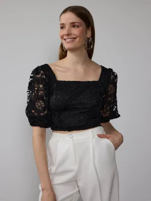 Square Neck Lace Puff Sleeve Top