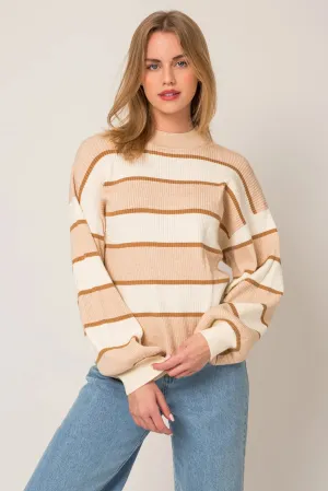 Stripe Mock Neck Long Wide Sleeve Sweater