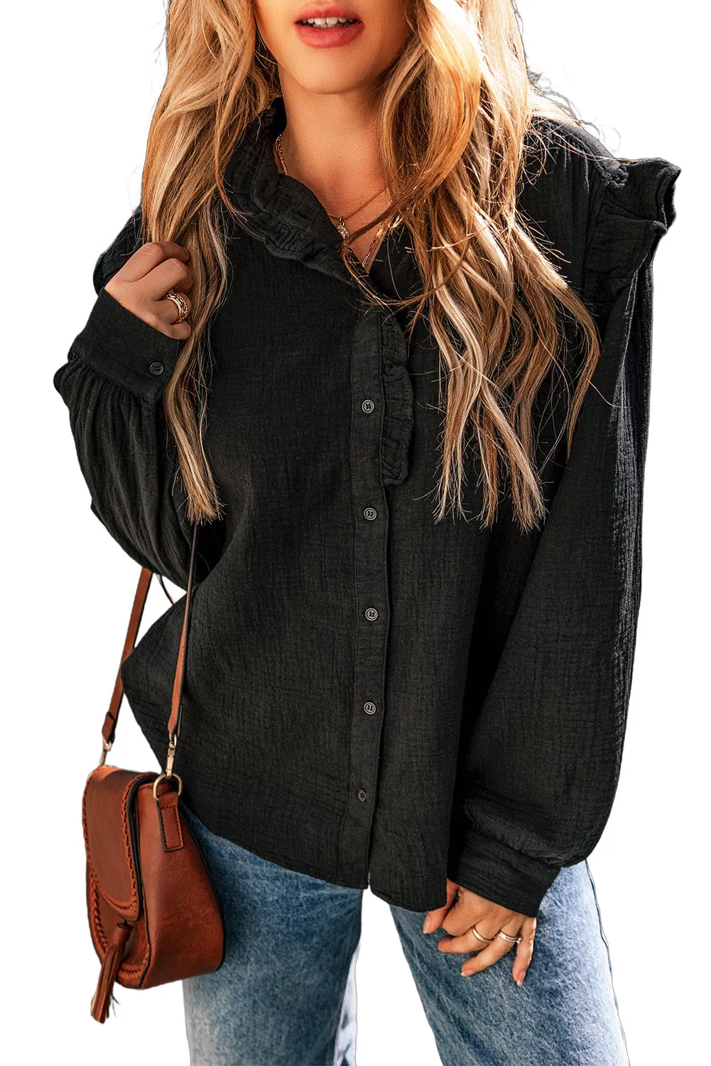 Textured Ruffled Trim Loose Fit Shirt