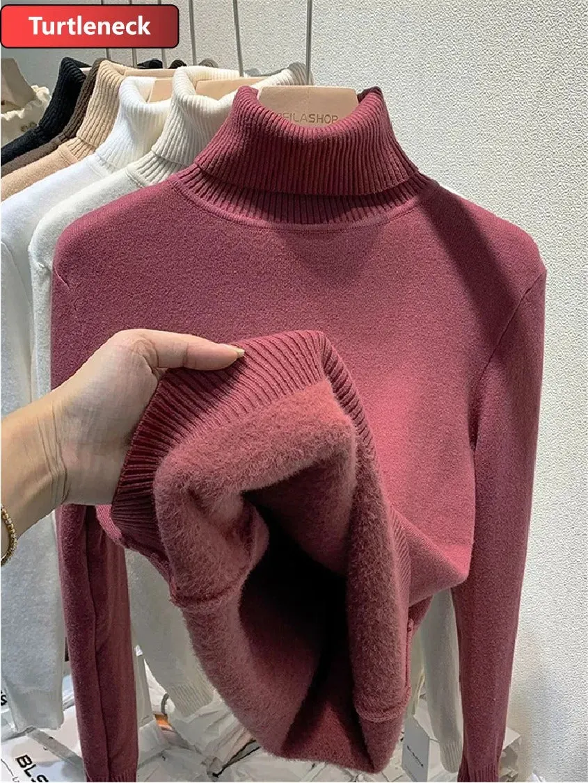 Thicken Velvet Turtleneck Sweater Women Korean Fashion Lined Warm Sueter Knitted Pullover Slim Top Winter Jersey Knitwear Jumper