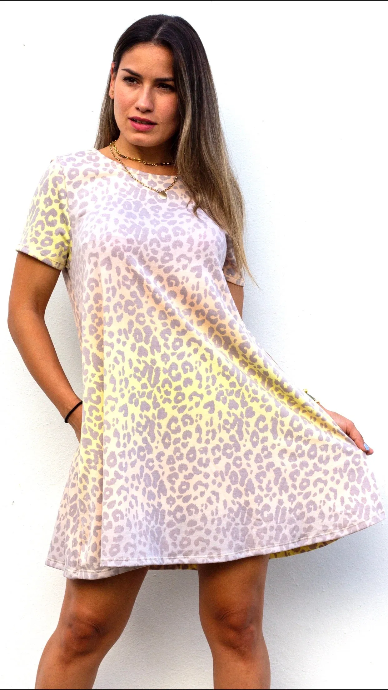 Wildly Cozy Yellow Leopard Print Shift Dress