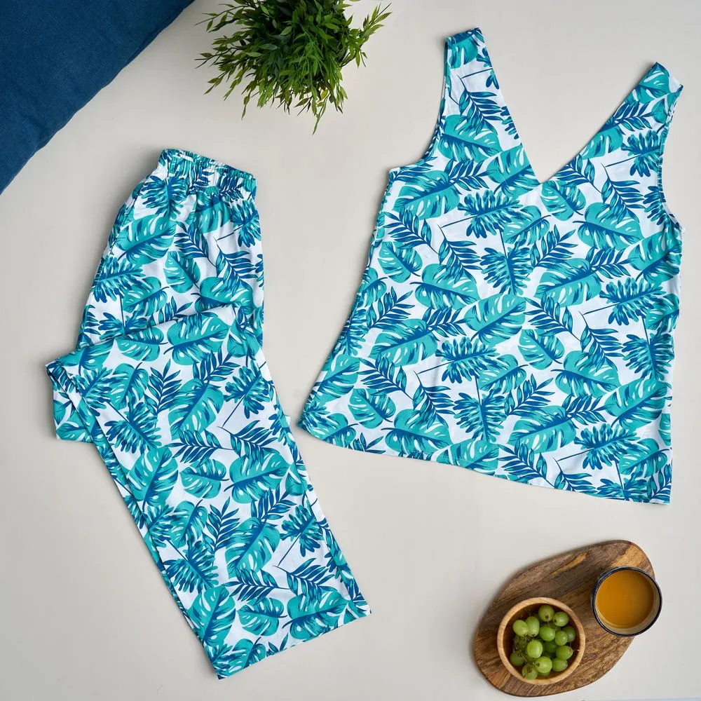 Women summer pajama set  Tropical leaves top   Pants