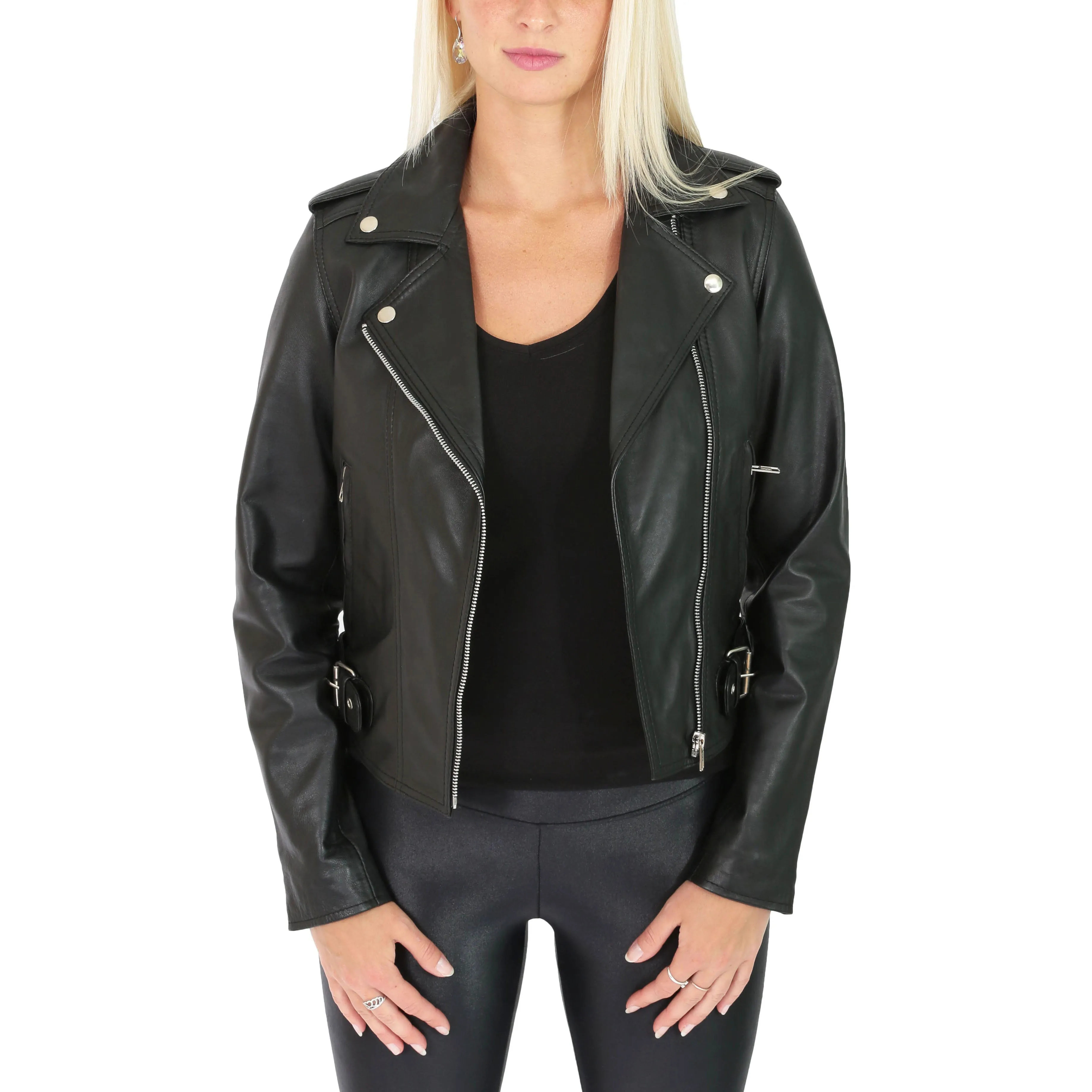 Womens Biker Leather Jacket Stylish Short Slim Fit Girls Coat Moira Black