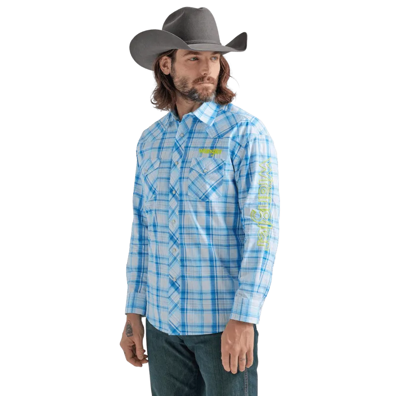 Wrangler Men's Logo Sea Blue Plaid Long Sleeve Western Snap Shirt 112324644