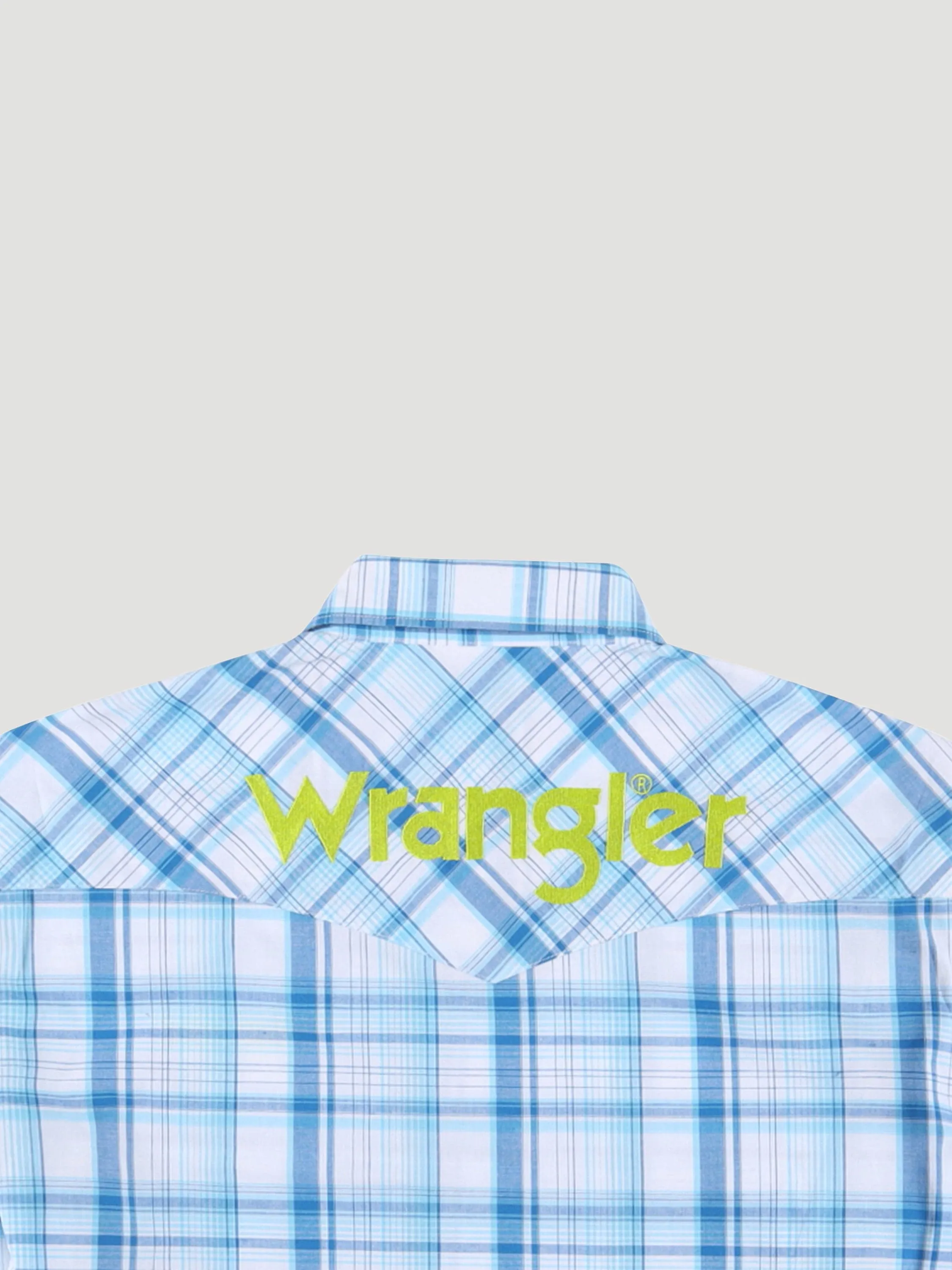 Wrangler Men's Logo Sea Blue Plaid Long Sleeve Western Snap Shirt 112324644