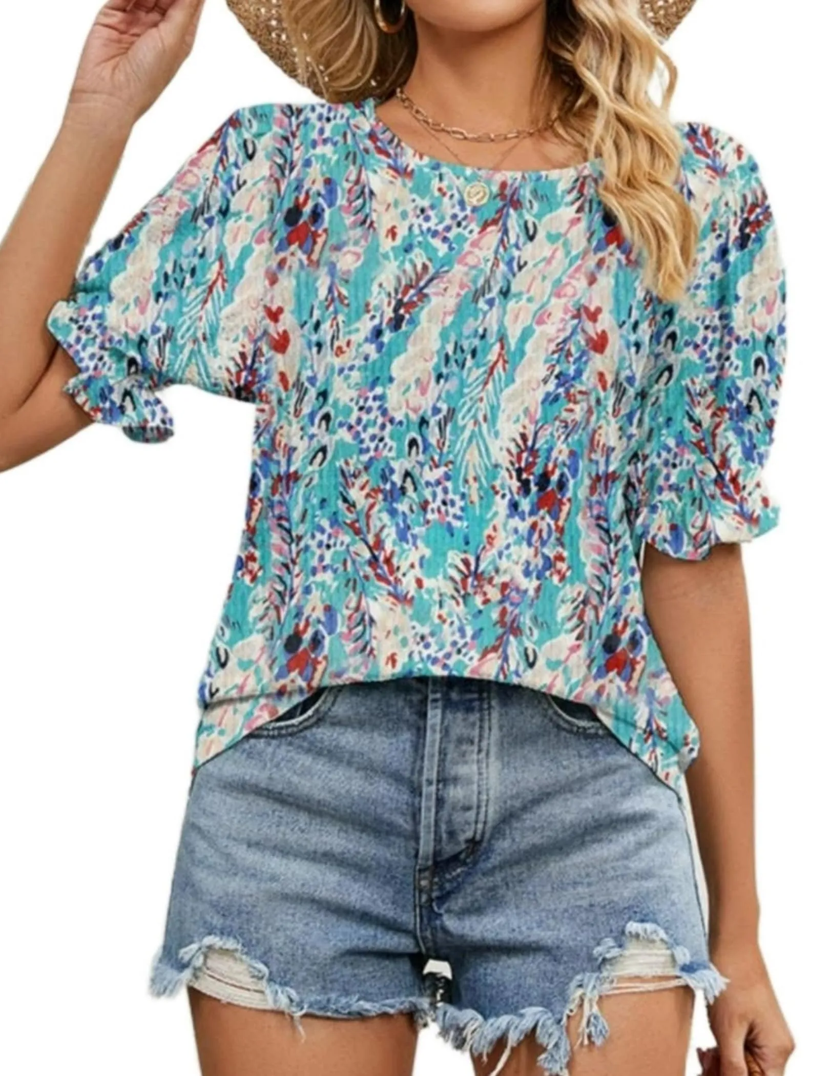 Zeagoo Casual Floral Print Smocked Puff Sleeve Shirts