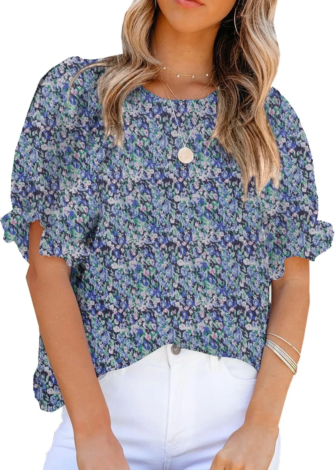 Zeagoo Casual Floral Print Smocked Puff Sleeve Shirts