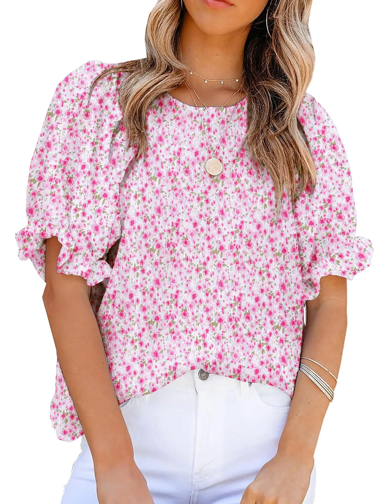 Zeagoo Casual Floral Print Smocked Puff Sleeve Shirts