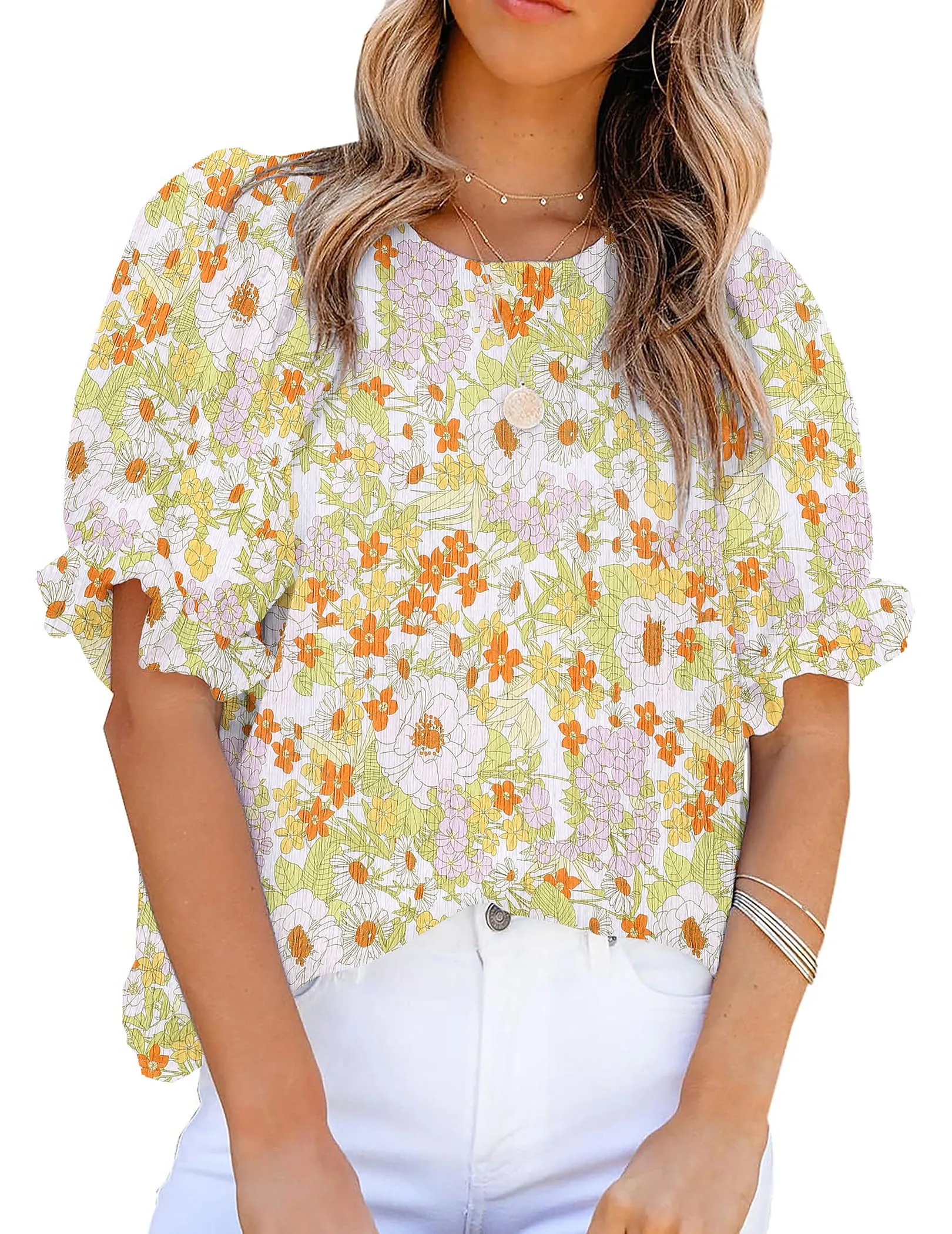 Zeagoo Casual Floral Print Smocked Puff Sleeve Shirts