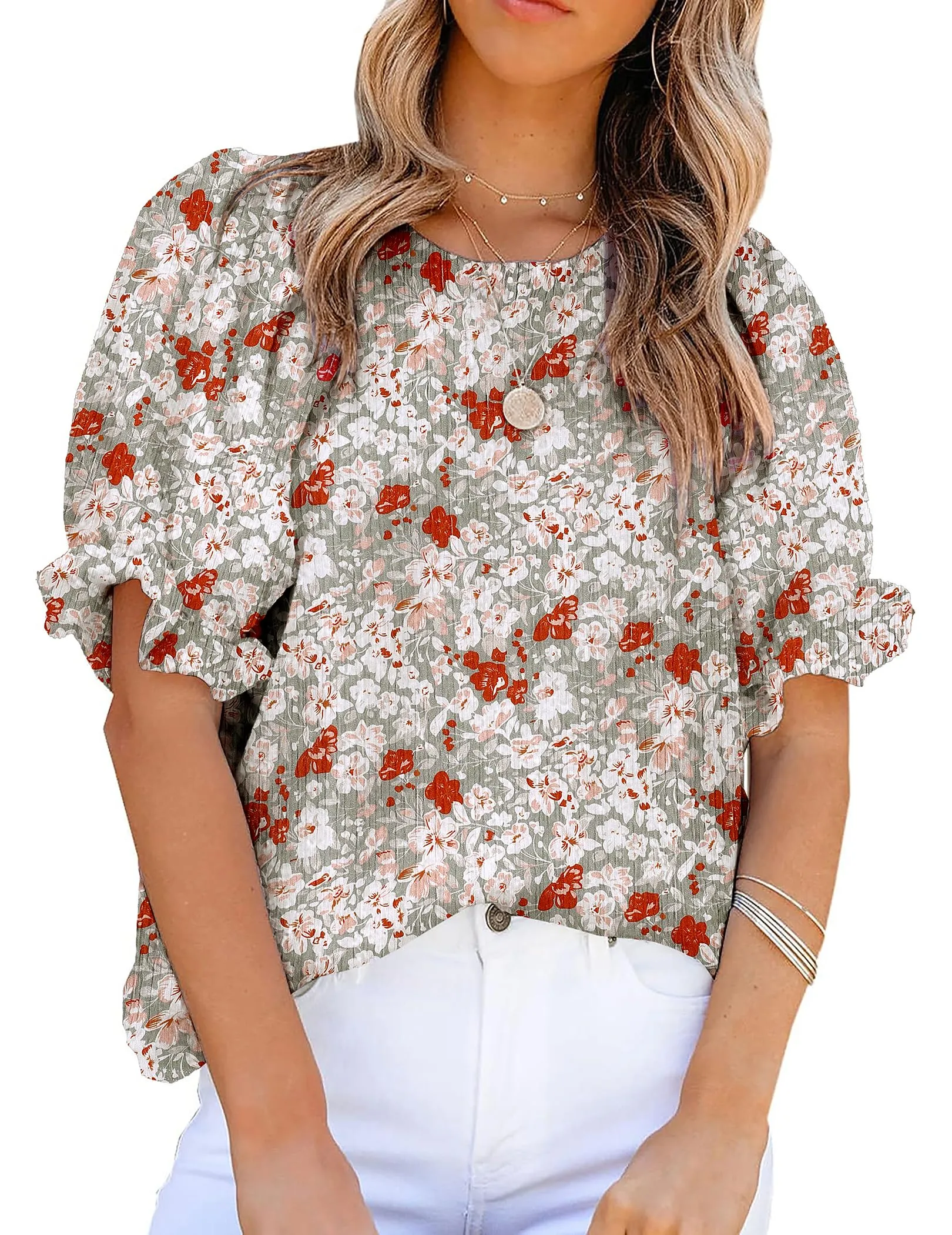 Zeagoo Casual Floral Print Smocked Puff Sleeve Shirts