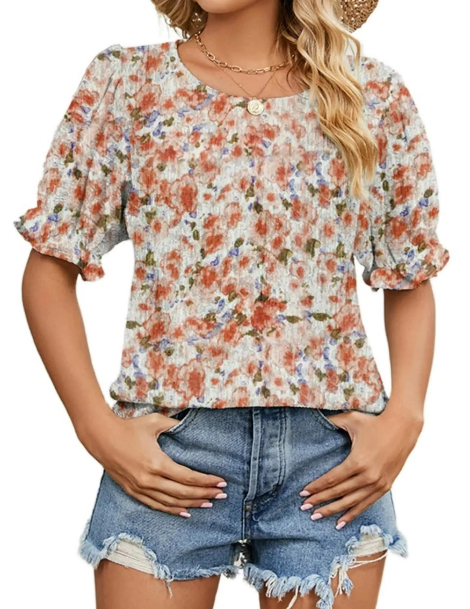 Zeagoo Casual Floral Print Smocked Puff Sleeve Shirts