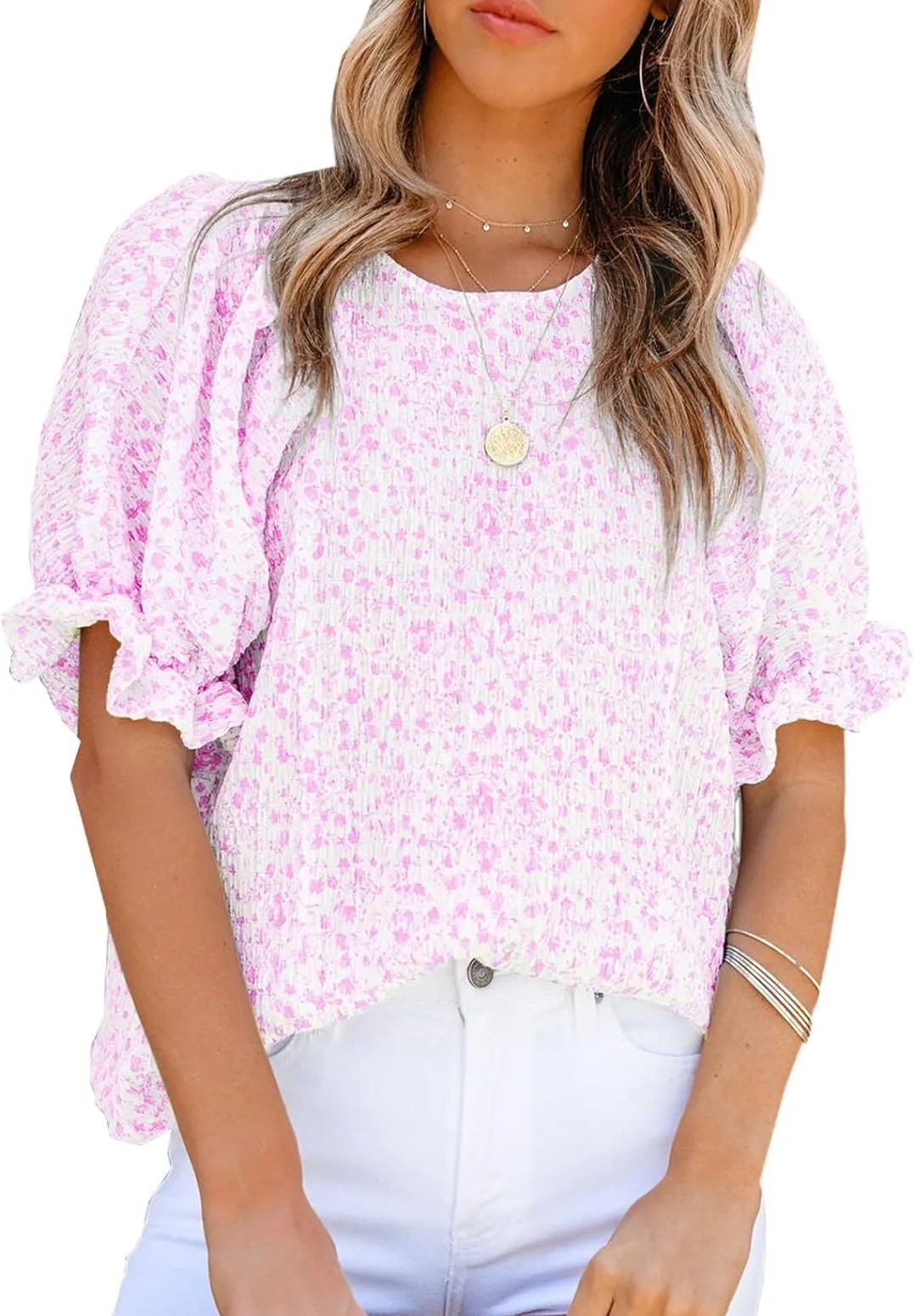 Zeagoo Casual Floral Print Smocked Puff Sleeve Shirts