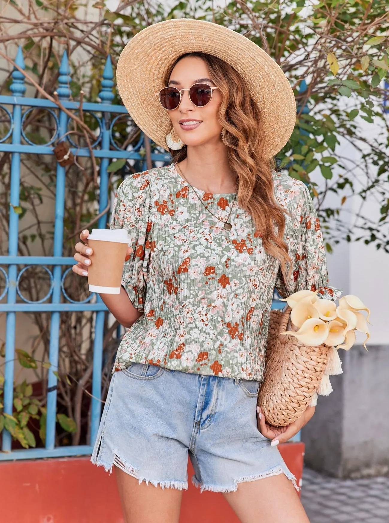 Zeagoo Casual Floral Print Smocked Puff Sleeve Shirts